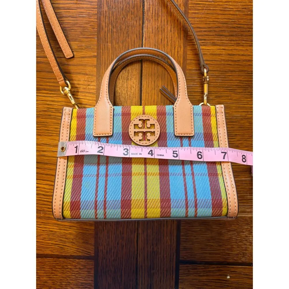 Tory Burch Ella Mini Plaid Top Handle Crossbody Tote Bag Multicolor Leather Trim - Picture 15 of 16